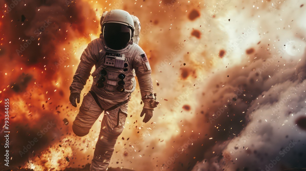 Fototapeta premium Astronaut floating in space in front of exploding sun. 3D rendering