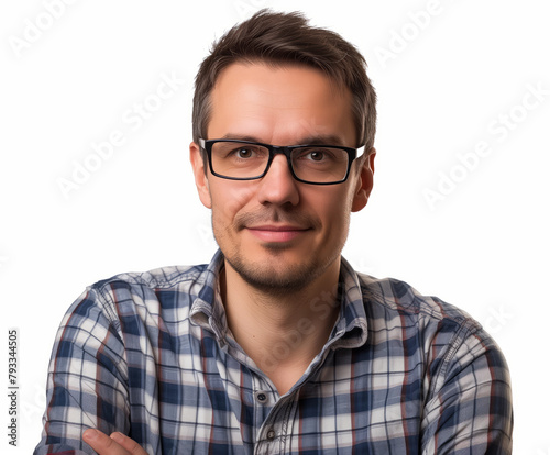A studio shot of an individual in a plaid shirt and glasses