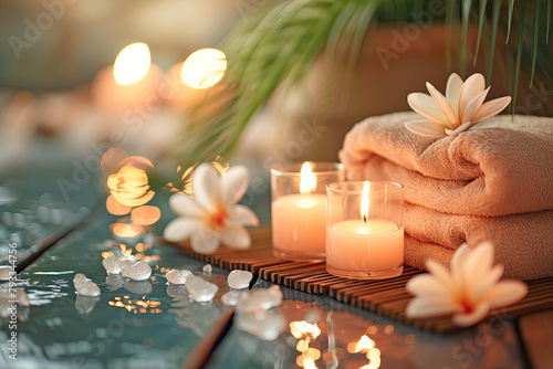 A serene spa setting featuring rolled towels  a blooming orchid  lit candles  and a bowl of salt  evoking a sense of relaxation and luxury.