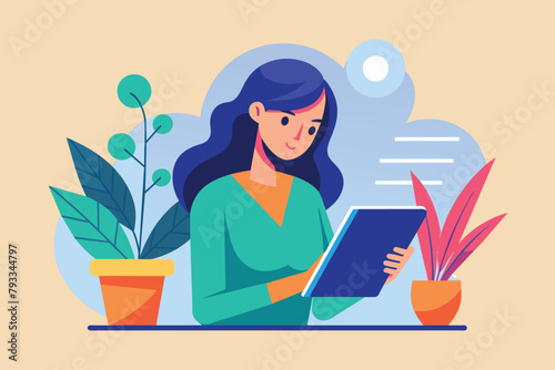 A woman sitting at a table, engrossed in reading a book, woman reading an article on a tablet, Simple and minimalist flat Vector Illustration