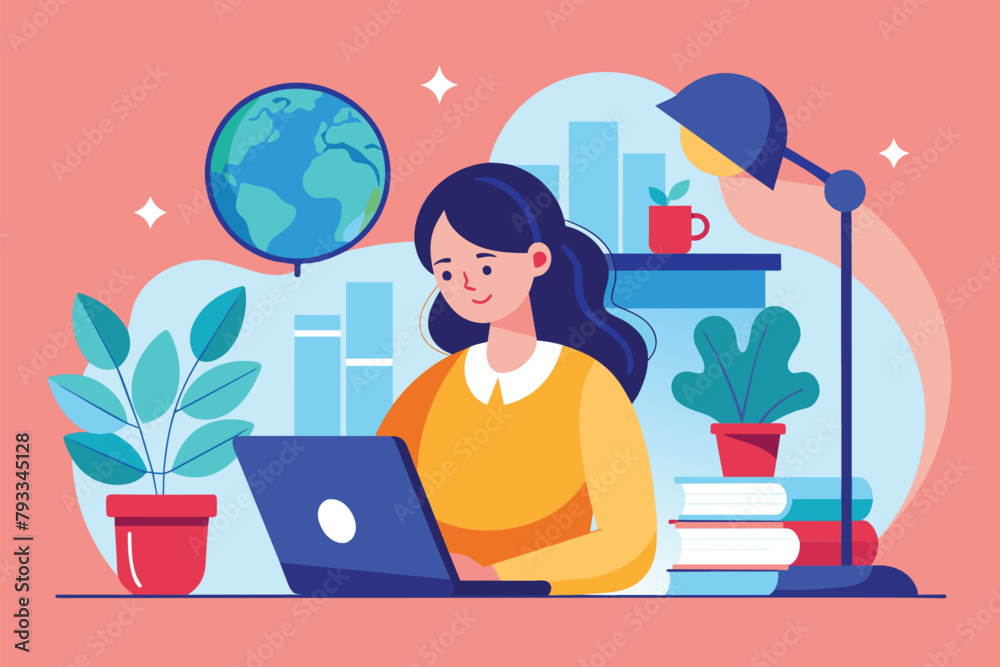 Fototapeta premium A woman is sitting at a desk, using a laptop and reading a book with a globe on the side, Woman reading book computer and globe, Simple and minimalist flat Vector Illustration