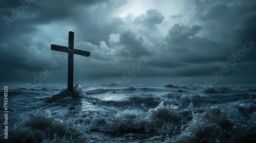 Cross in the sea with stormy sky