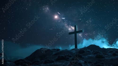 Cross on the mountain at night