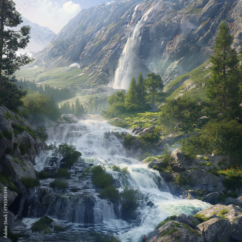 Realistic depiction of a serene waterfall flowing through a dense forest