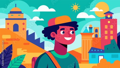 A traveler happily admiring the vibrant street art of a bustling city a reminder that some of the best art experiences can be found for free.