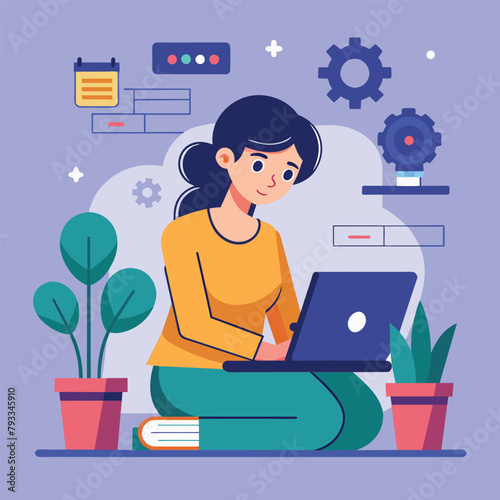 A woman sitting on the floor, focused on working on a laptop, woman repairing programming, Simple and minimalist flat Vector Illustration