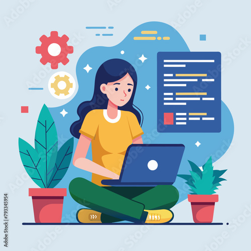 A woman sitting on the floor, working on a laptop computer, woman repairing programming, Simple and minimalist flat Vector Illustration