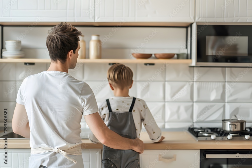 Father and son bonding over cooking in a home kitchen Father and son bonding over cooking in a home kitchen