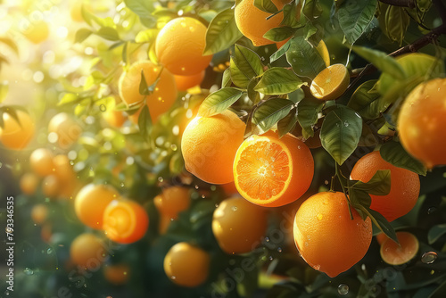 ripe oranges hanging on tree with sunlight filtering through leaves