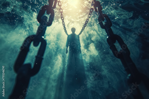 surreal underwater scene with figure shackled by chains in the ocean depths, journalists freedom day photo