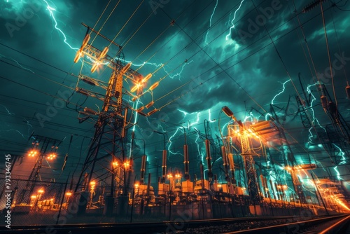 Electric blue lightning illuminates the night sky over a power plant at midnight