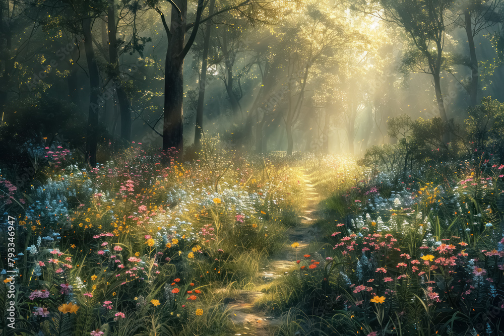 enchanted forest pathway surrounded by wildflowers in morning light