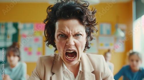 Educational concept theme, portrait of the angry teacher woman yells at students emotionally expressing dissatisfaction about the performance of the group class team photo
