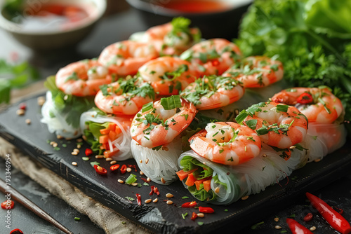 delicious vietnamese summer rolls with prawns and spicy sauce on dark slate background