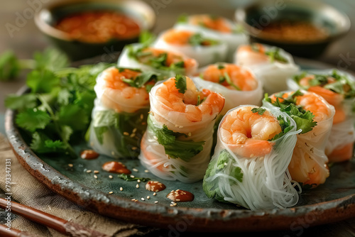 fresh vietnamese summer rolls with shrimp and herbs on a rustic ceramic plate