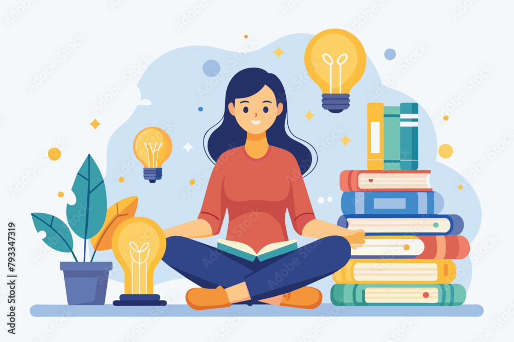 A woman in a lotus position surrounded by books and a light bulb above her, woman sitting against the background of knowledge books and light bulbs, Simple and minimalist flat Vector Illustration A woman in a lotus position surrounded by books and a light bulb above her, woman sitting against the background of knowledge books and light bulbs, Simple and minimalist flat Vector Illustration