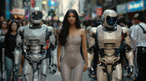 Dazzling Woman Flanked by Robot Bodyguards in a Crowded Urban Setting photo