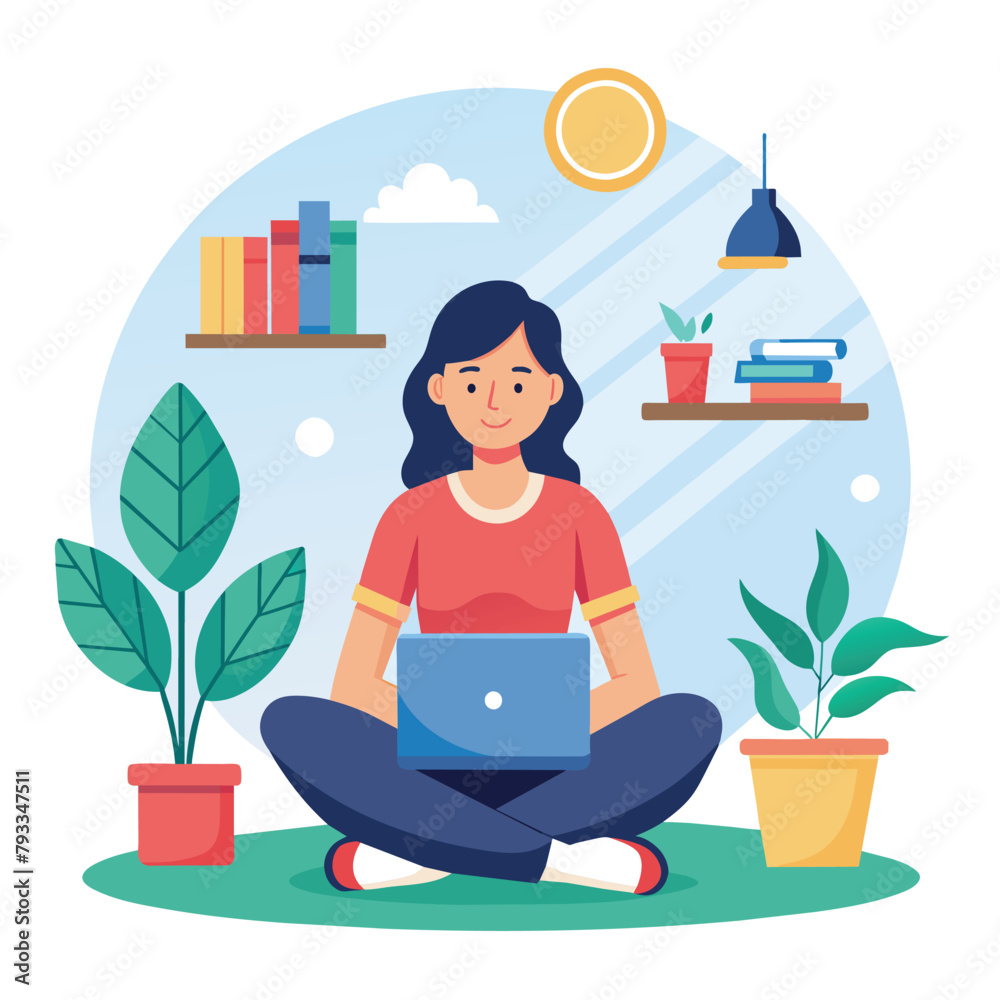 Fototapeta premium A woman sitting on the floor while actively using a laptop computer, Woman sitting at home and taking part in online learning, Simple and minimalist flat Vector Illustration
