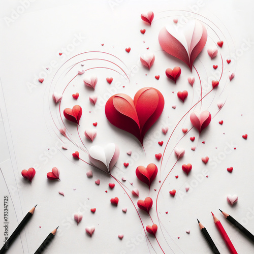 Red and white hearts drawn on white paper. AI generated.