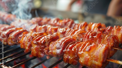 Indulge in street food bliss with a massive barbecue smoker grill serving up juicy grilled meats wrapped in crispy bacon photo