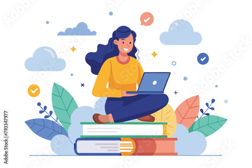 A woman seated on a stack of books, engaged in online learning on her laptop, woman sitting on a book with online learning concept, Simple and minimalist flat Vector Illustration