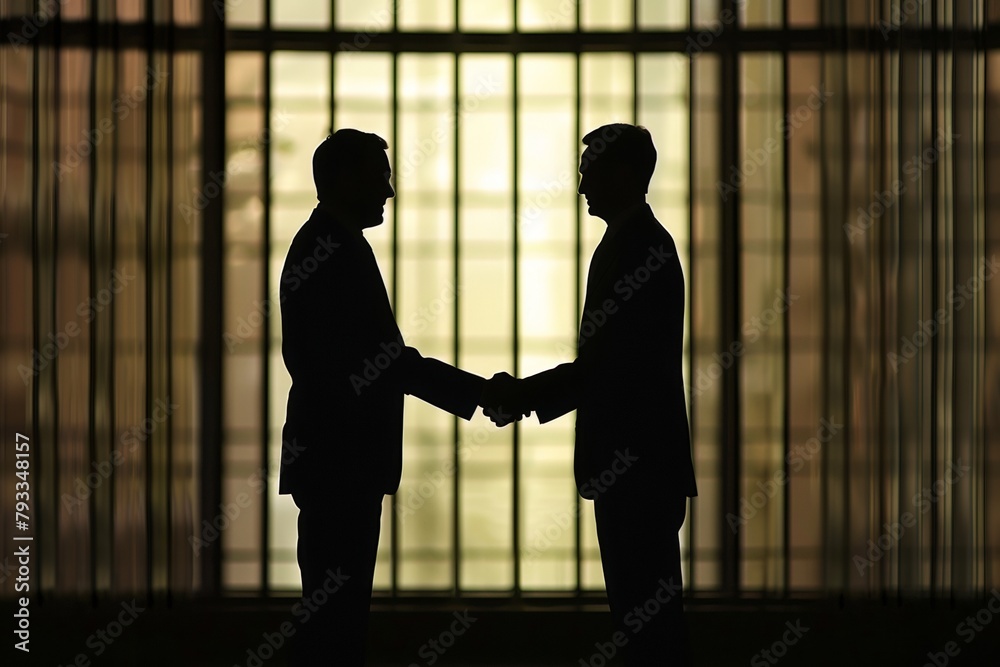Businessmen shaking hands in silhouette against a backlit grid window
