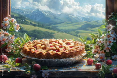 home-baked fruit pie amidst blooming flowers with a pastoral landscape in the background photo