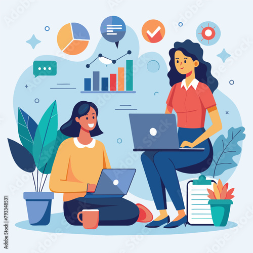 Two women sitting on the floor, focused on their laptops while working together, Woman sitting with data analyst and laptop, Simple and minimalist flat Vector Illustration