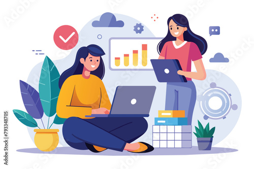 Two women sitting on the floor, focused on their laptops while working, Woman sitting with data analyst and laptop, Simple and minimalist flat Vector Illustration