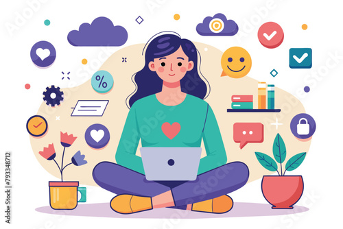 A woman is seated on the floor with a laptop open in front of her, engaged in digital activities, Woman sitting with gadgets and emojis trending, Simple and minimalist flat Vector Illustration