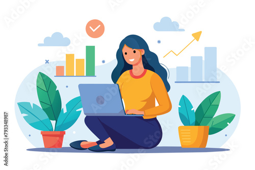 A woman sitting on the floor, focused on her laptop screen, woman sitting with laptop looking at stock developments, Simple and minimalist flat Vector Illustration © Iftikhar alam