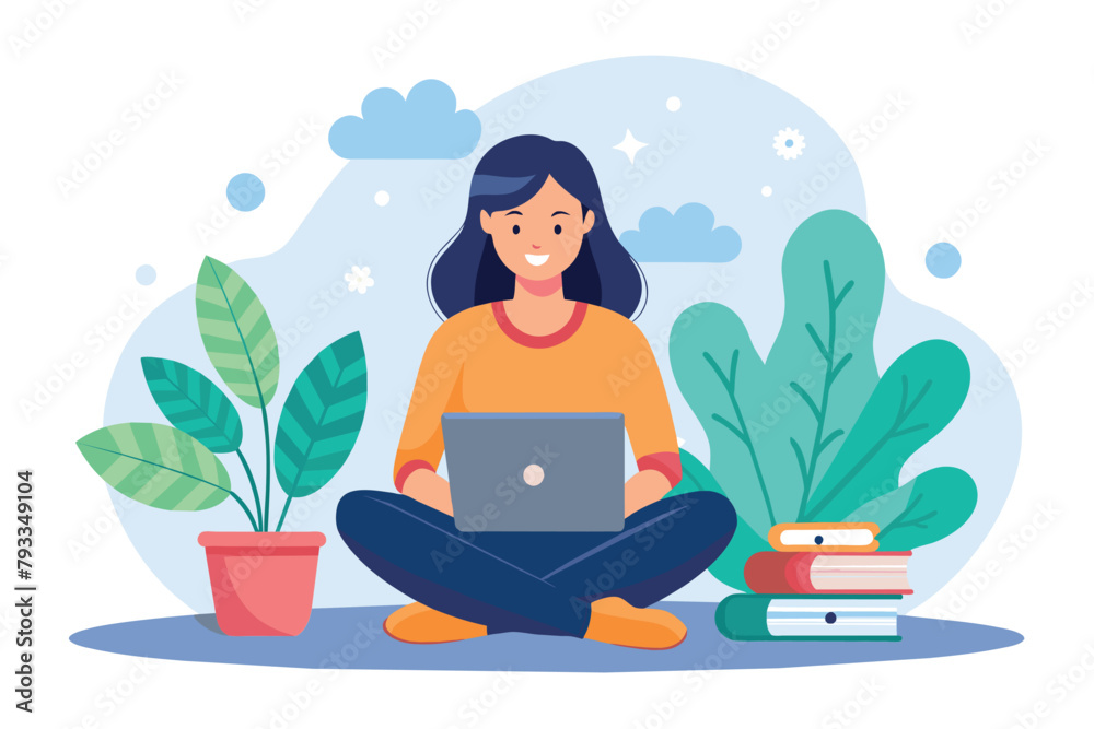 A woman sitting on the floor while using a laptop for online education, woman sitting with laptop,online education concept distance learningconcept flat illustration A woman sitting on the floor while using a laptop for online education, woman sitting with laptop,online education concept distance learningconcept flat illustration
