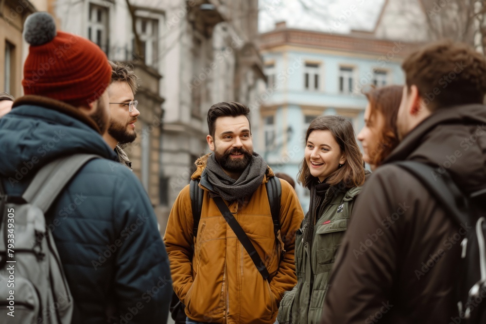 Group of friends walking in the city. They are talking and laughing.