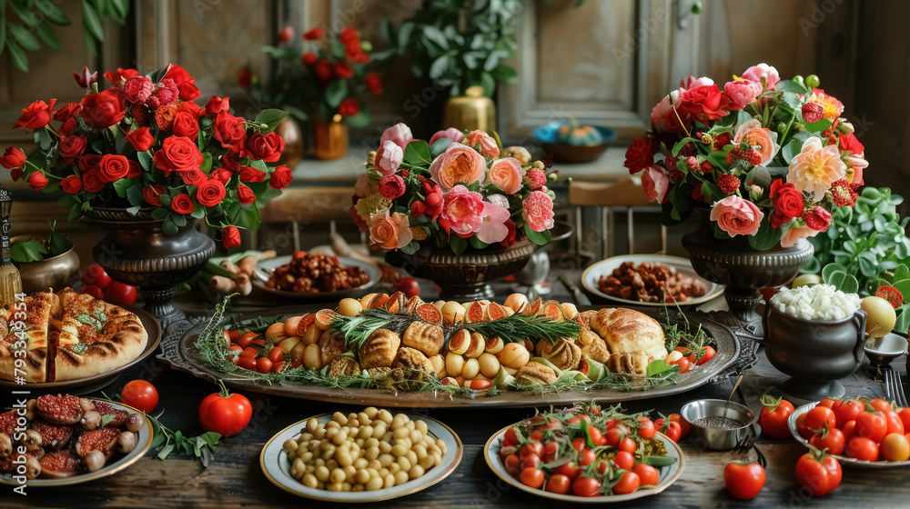 lavish arabic celebration feast table with flowers and traditional food