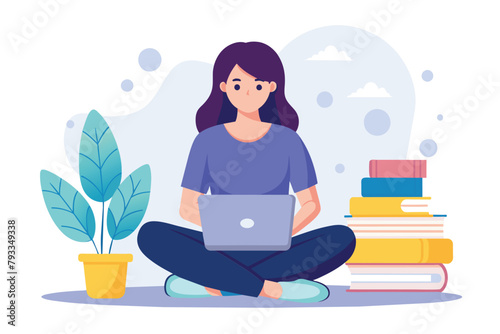 A woman is sitting on the floor, using a laptop for online education, woman sitting with laptop,online education concept distance learningconcept flat illustration