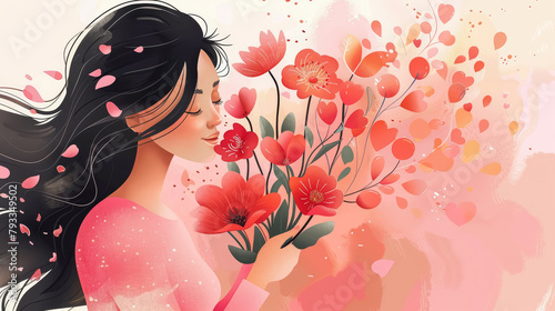 A woman gently holds red flowers as petals drift in a warm breeze. Mothers Day concept
