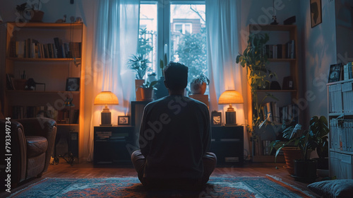 A person sits in a dimly lit room facing away from the camera, bordered by bookshelves and warm lighting.