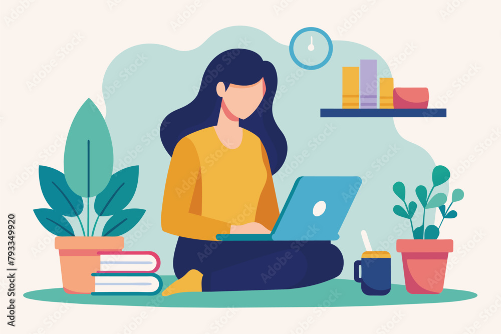 A woman focused on her laptop while sitting on the floor, engaged in work or study, Woman studying learning book using laptop, Simple and minimalist flat Vector Illustration A woman focused on her laptop while sitting on the floor, engaged in work or study, Woman studying learning book using laptop, Simple and minimalist flat Vector Illustration