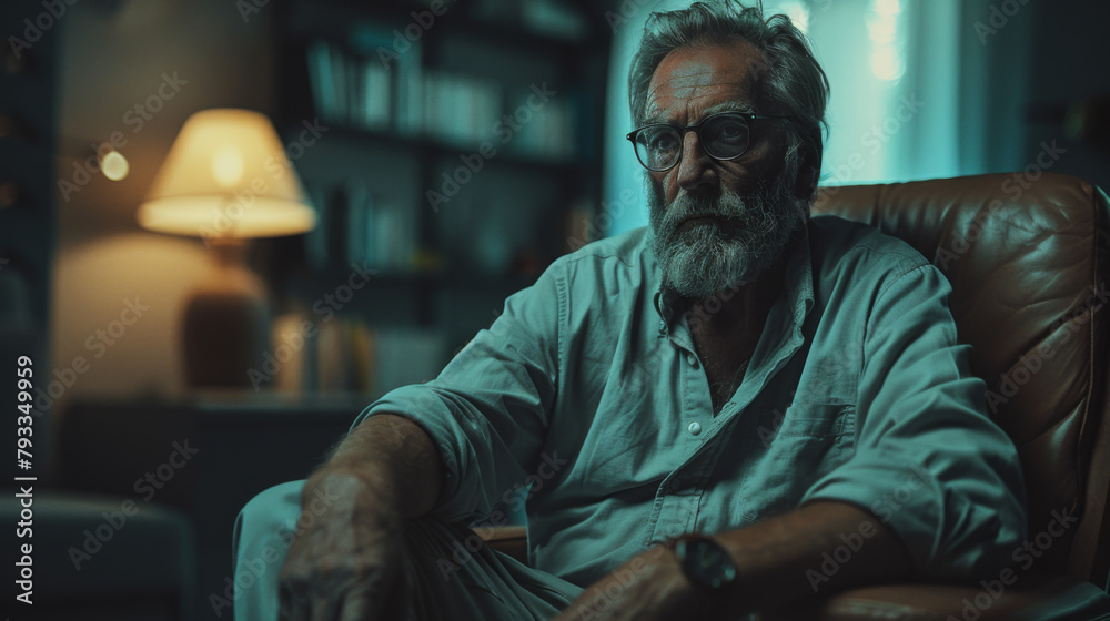 A bearded man sitting contemplatively in a leather chair in a dimly lit room, with a warm light in the background. A bearded man sitting contemplatively in a leather chair in a dimly lit room, with a warm light in the background.