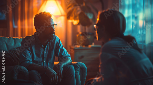 A therapist and client during a counseling session in a dimly lit, intimate setting.