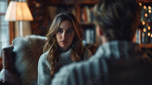 A woman in a therapy session, attentively listening to a person out of frame. © neatlynatly
