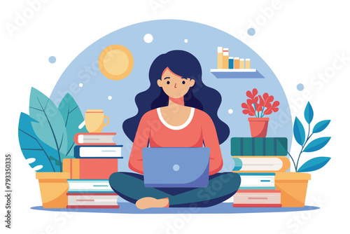 A woman is sitting on the floor, focusing on studying with a laptop and books, Woman studying using laptop with books, Simple and minimalist flat Vector Illustration
