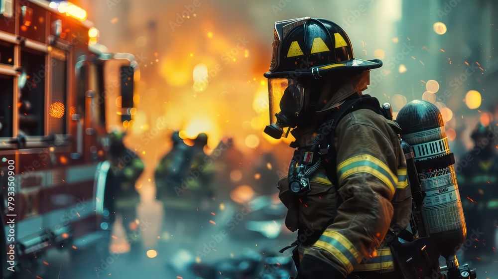 Burning Building. Group Of Firemen Descend on Burning Stairs Burning Building. Group Of Firemen Descend on Burning Stairs