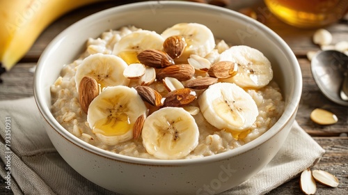 A bowl of creamy oatmeal topped with sliced bananas, almonds, and a drizzle of honey, providing a wholesome and comforting breakfast option.