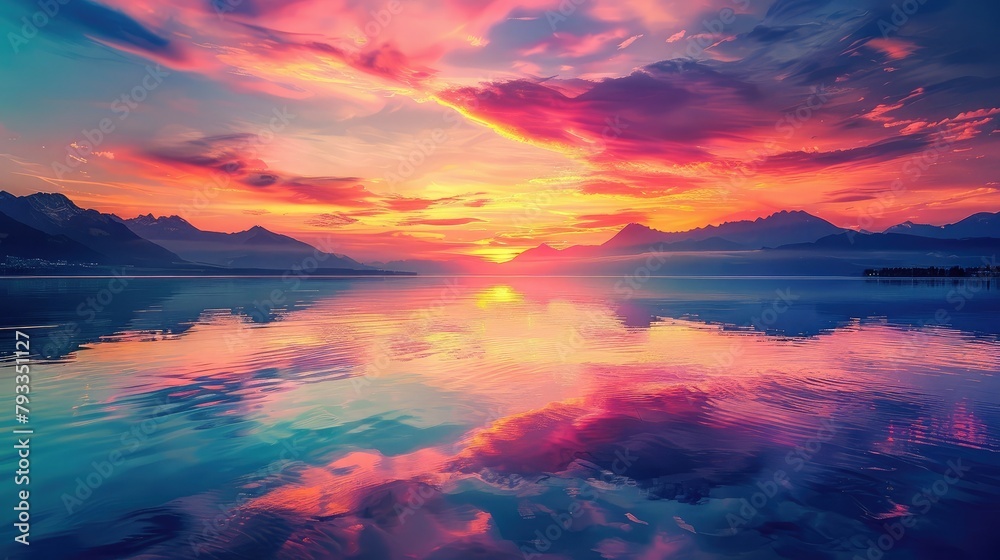 breathtaking sunrise over a calm lake, with vibrant colors reflecting off the water and silhouetting distant mountains on the horizon.