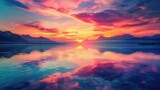 breathtaking sunrise over a calm lake, with vibrant colors reflecting off the water and silhouetting distant mountains on the horizon.
