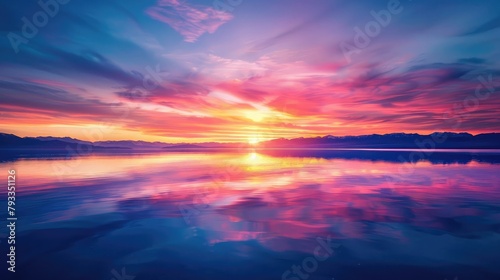 A breathtaking sunrise over a calm lake, with vibrant colors reflecting off the water and silhouetting distant mountains on the horizon.