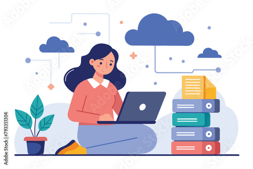 A woman seated at a desk working on her laptop, woman with laptop installing cloud data, Simple and minimalist flat Vector Illustration