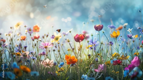 colorful field of wildflowers in full bloom, with bees buzzing and butterflies fluttering among the blossoms in a vibrant display. photo