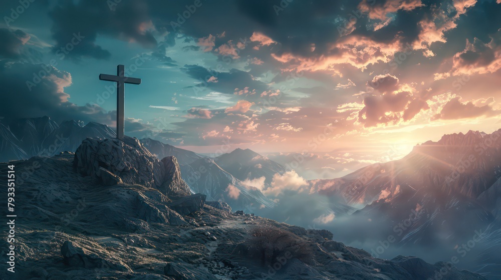 Obraz premium Mountain landscape with cross in the sky